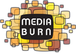 Media Burn logo, Black rounded square with white text that reads 