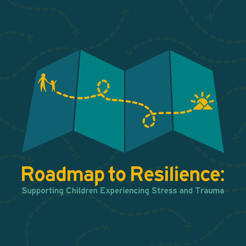 Roadmap to Resilience logo that has a dark turqoise map unfolded with a yellow graphic that shows a parent and child walking along a path to mountains with a sunset behind it. The text states, 